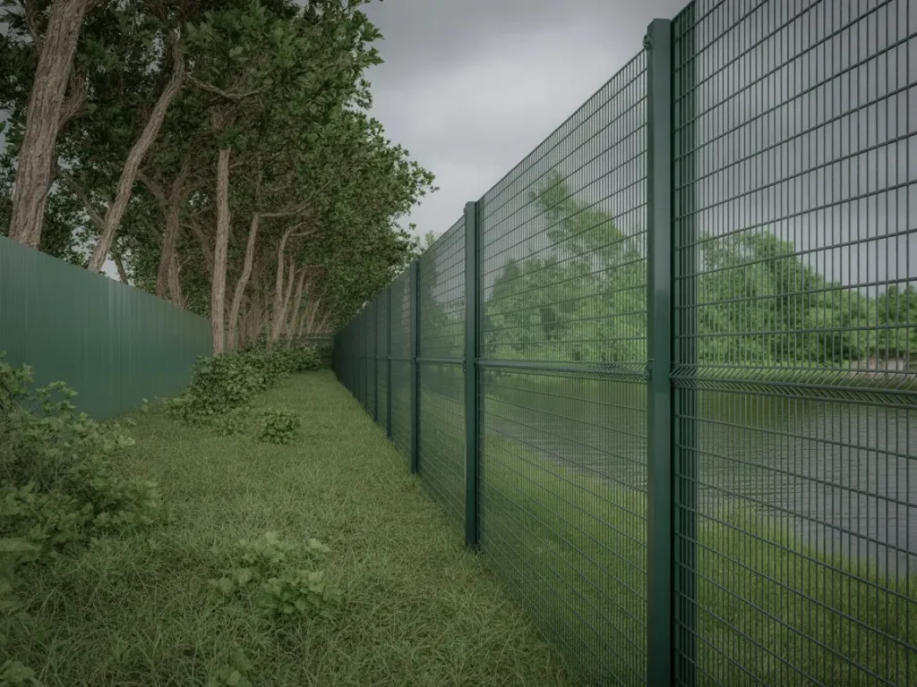 Cerramiento metalico de malla rigida verde instalado junto a zona ajardinada con arboles