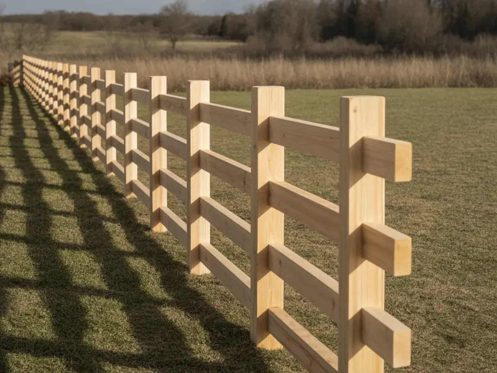 Instalacion vallado de madera con postes y travesaños en terreno rural abierto