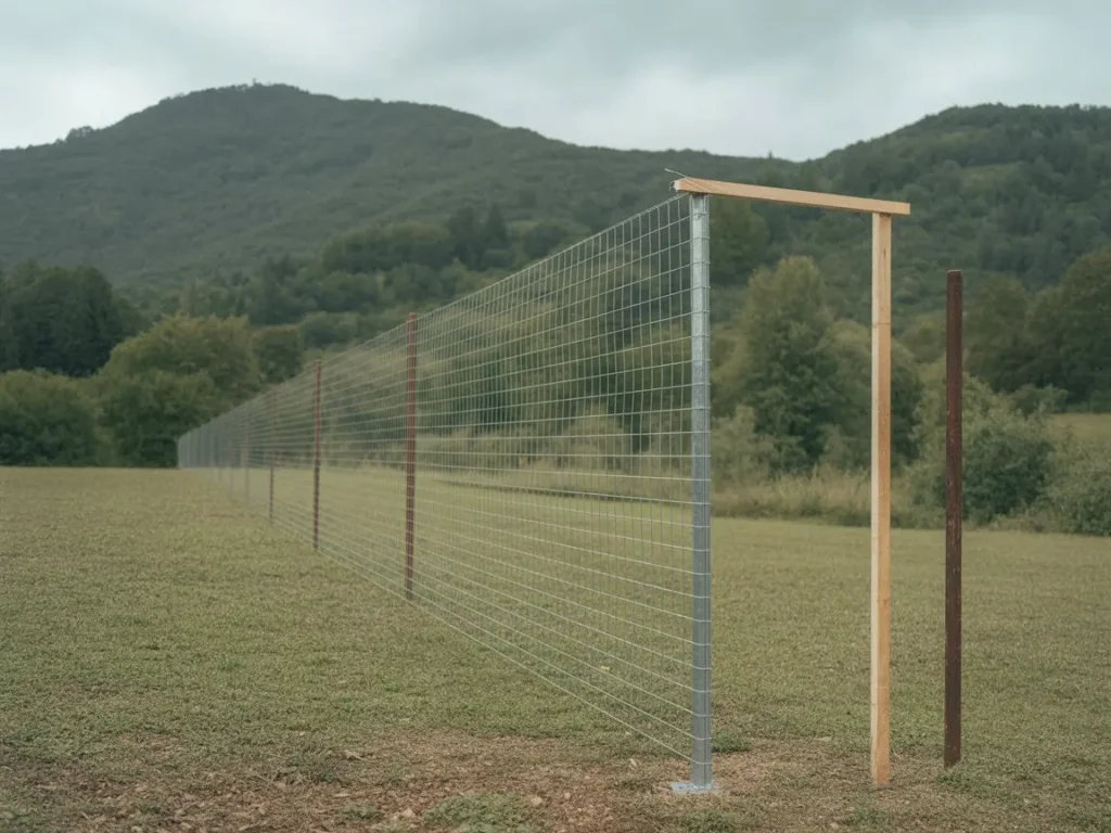 Instalacion de malla ganadera con postes metalicos en terreno rural con montañas al fondo