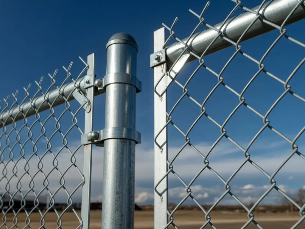 Vallado con malla simple torsion galvanizada sujeta a postes metalicos bajo cielo despejado